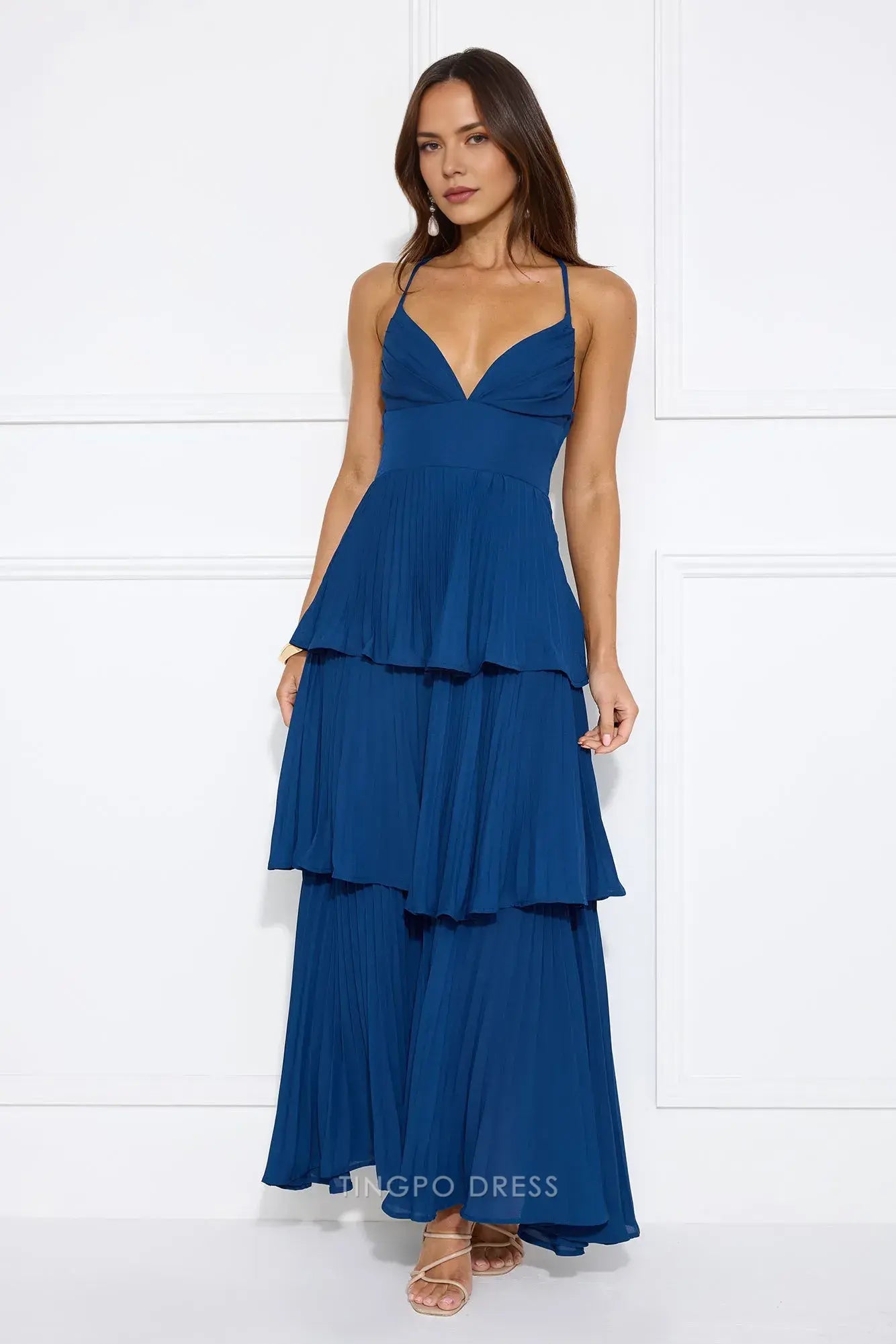 Tiered Pleated Maxi Dress with Criss - Cross Back Prom Dress